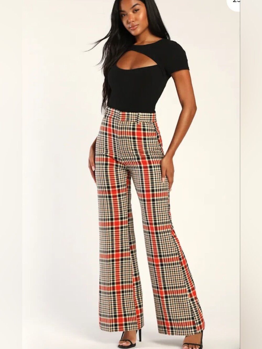 Free People Plaid Wide-Leg Trousers in Red & Cream - Picture 3 of 13
